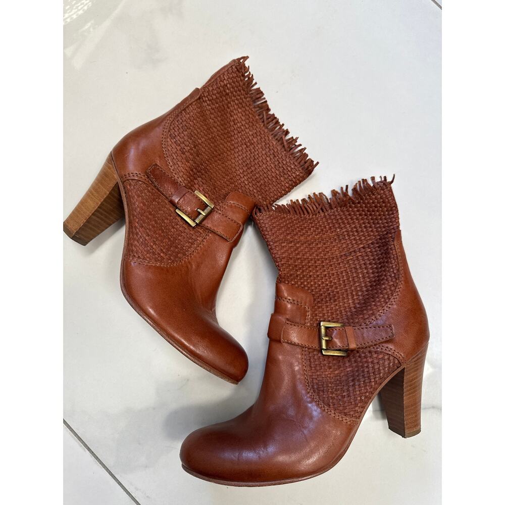 Lottusse Women’s Tan Woven Leather Heeled Boots with Fringe Sz 38 Made in Spain